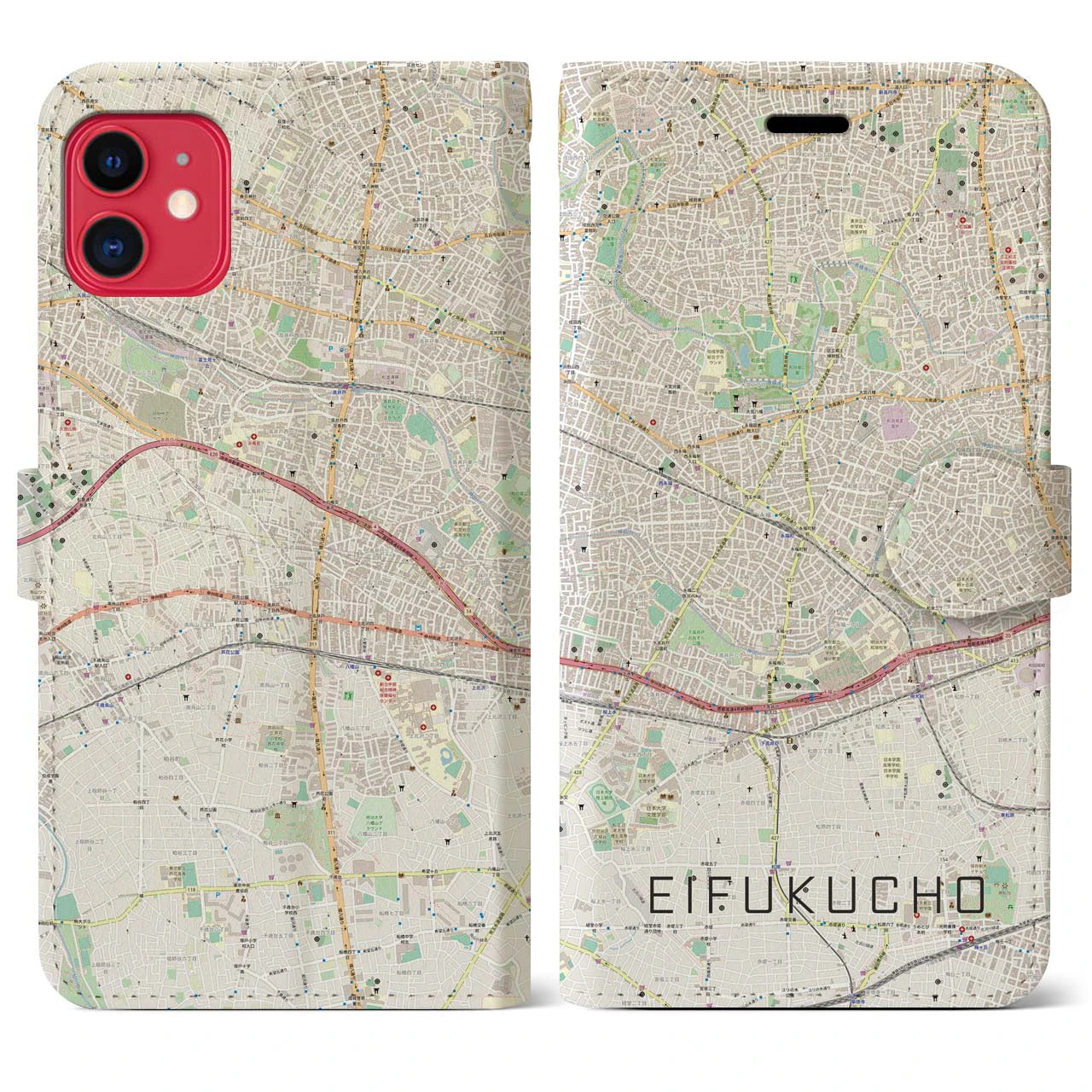 【永福町】地図柄iPhoneケース（手帳両面タイプ・ナチュラル）iPhone 11 用