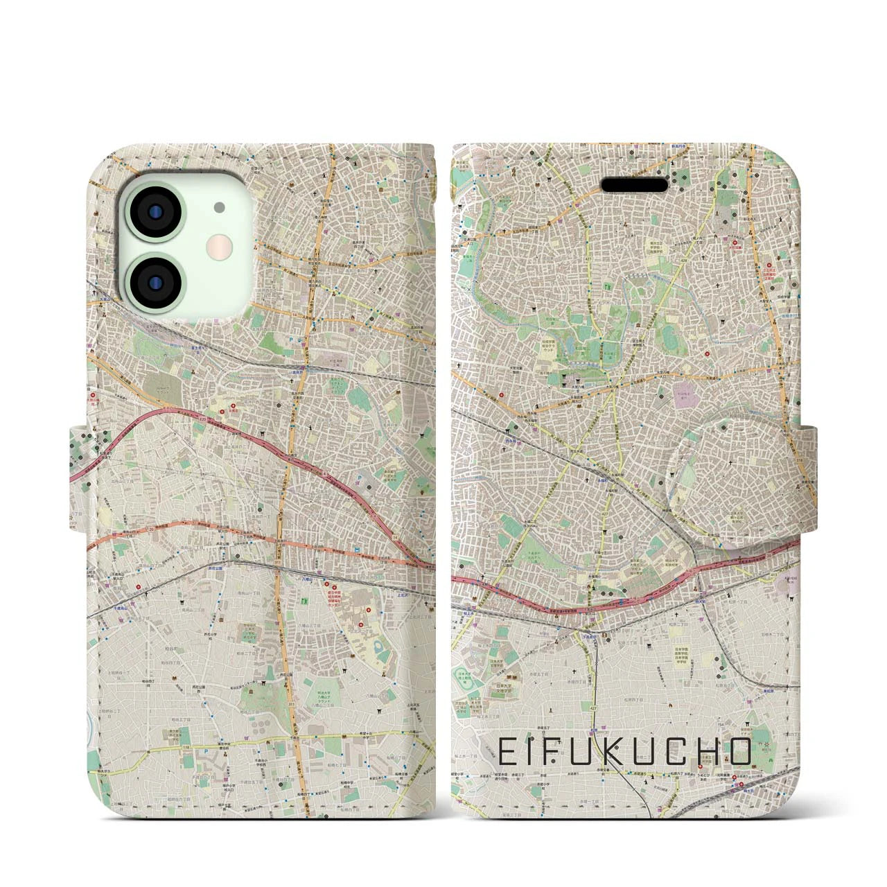 【永福町】地図柄iPhoneケース（手帳両面タイプ・ナチュラル）iPhone 12 mini 用