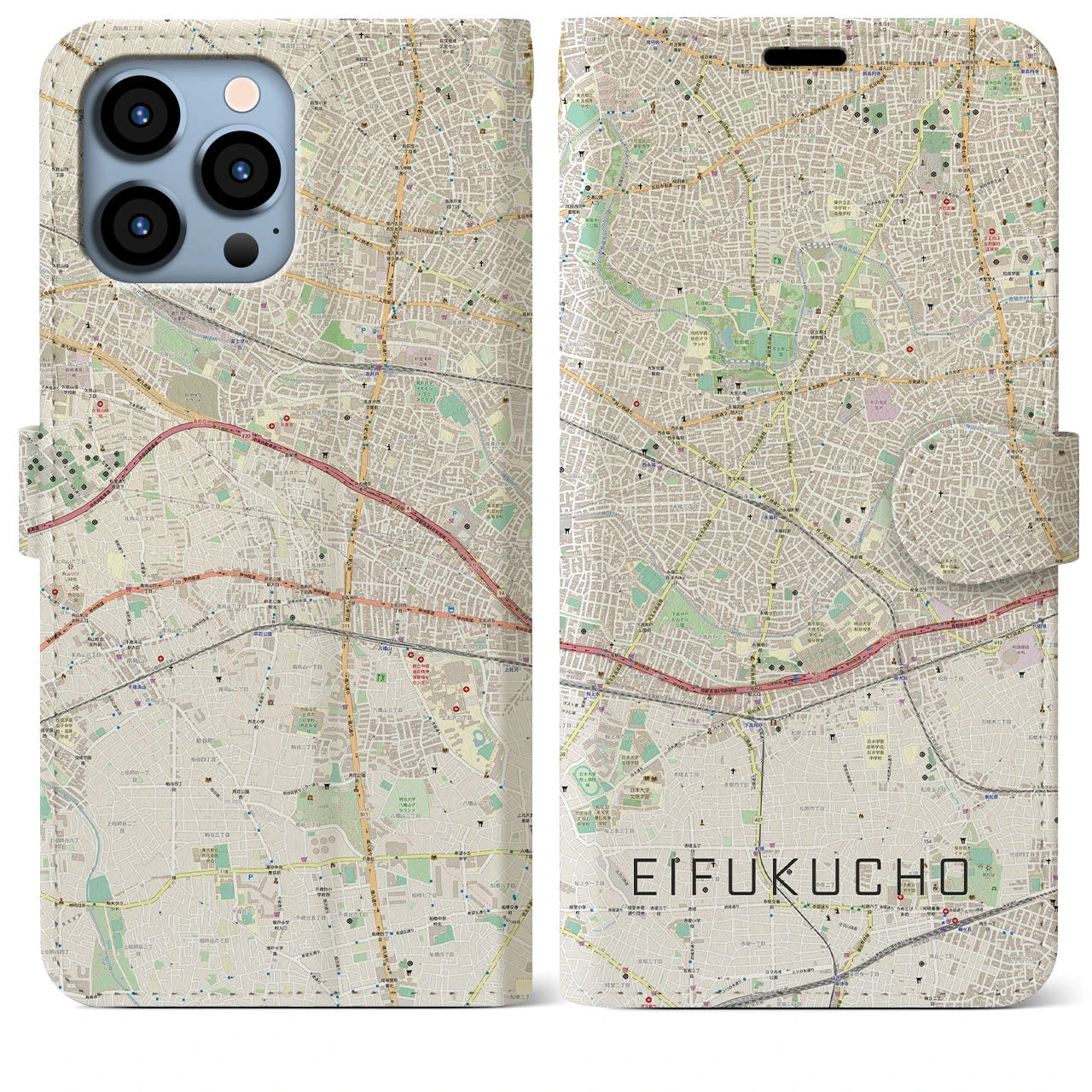 【永福町】地図柄iPhoneケース（手帳両面タイプ・ナチュラル）iPhone 13 Pro Max 用