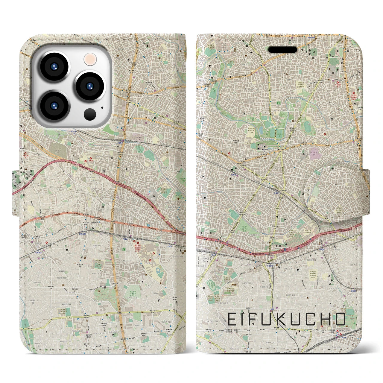 【永福町】地図柄iPhoneケース（手帳両面タイプ・ナチュラル）iPhone 13 Pro 用