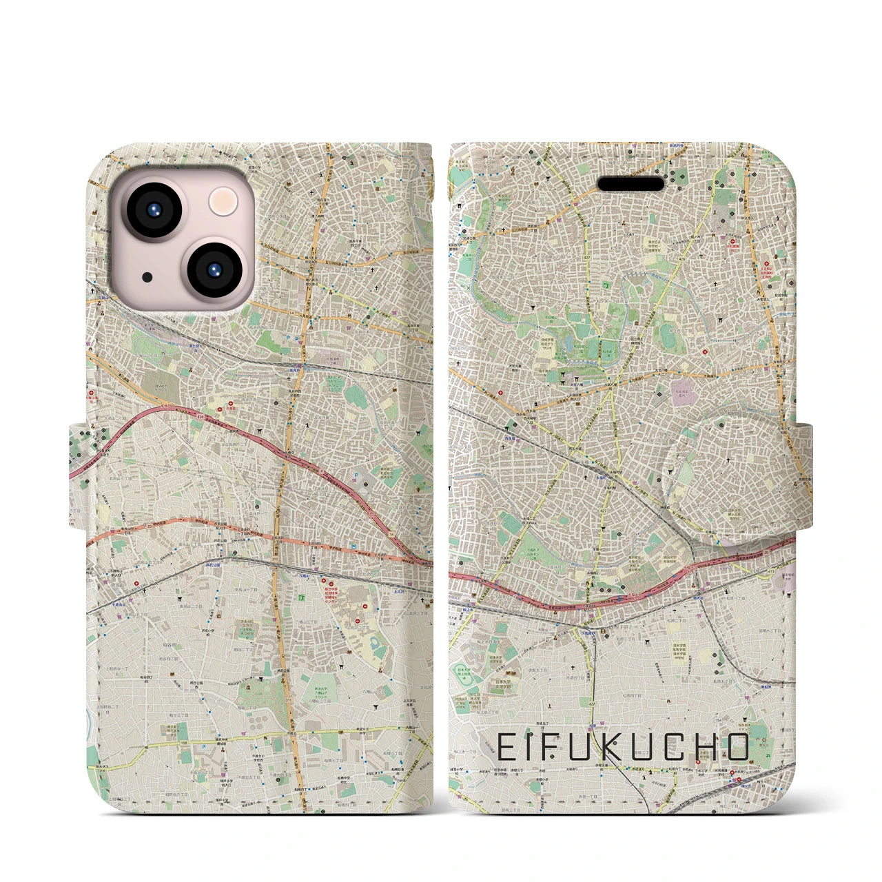 【永福町】地図柄iPhoneケース（手帳両面タイプ・ナチュラル）iPhone 13 mini 用