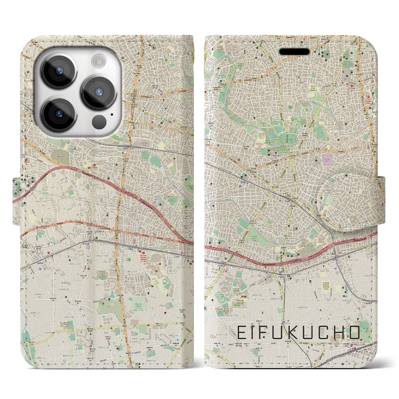 【永福町】地図柄iPhoneケース（手帳両面タイプ・ナチュラル）iPhone 14 Pro 用