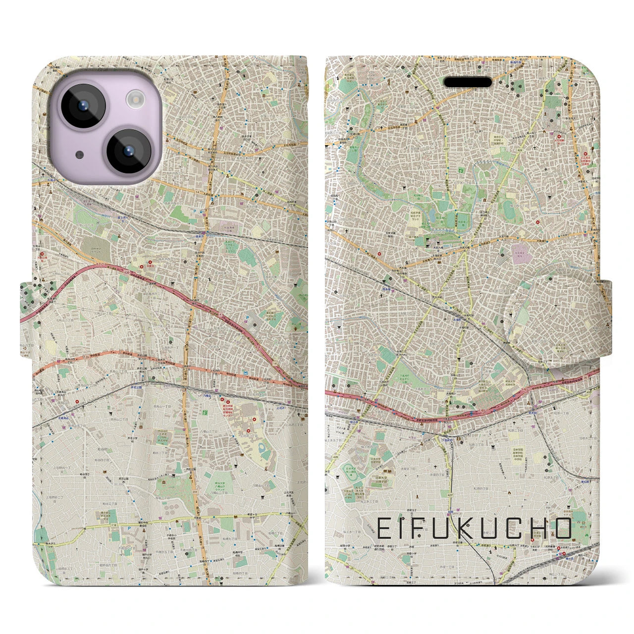【永福町】地図柄iPhoneケース（手帳両面タイプ・ナチュラル）iPhone 14 用