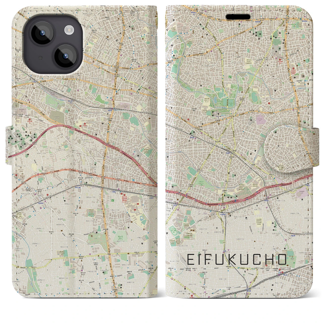 【永福町】地図柄iPhoneケース（手帳両面タイプ・ナチュラル）iPhone 14 Plus 用