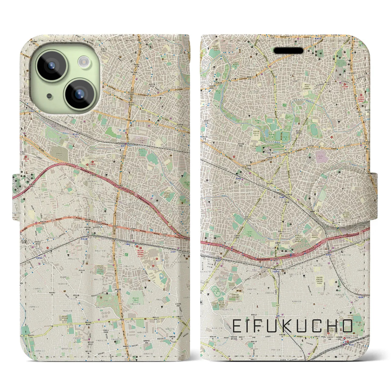 【永福町】地図柄iPhoneケース（手帳両面タイプ・ナチュラル）iPhone 15 用