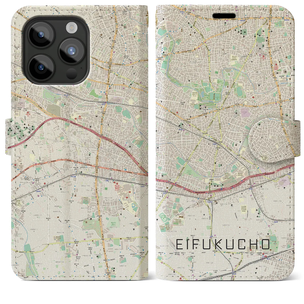 【永福町】地図柄iPhoneケース（手帳両面タイプ・ナチュラル）iPhone 15 Pro Max 用