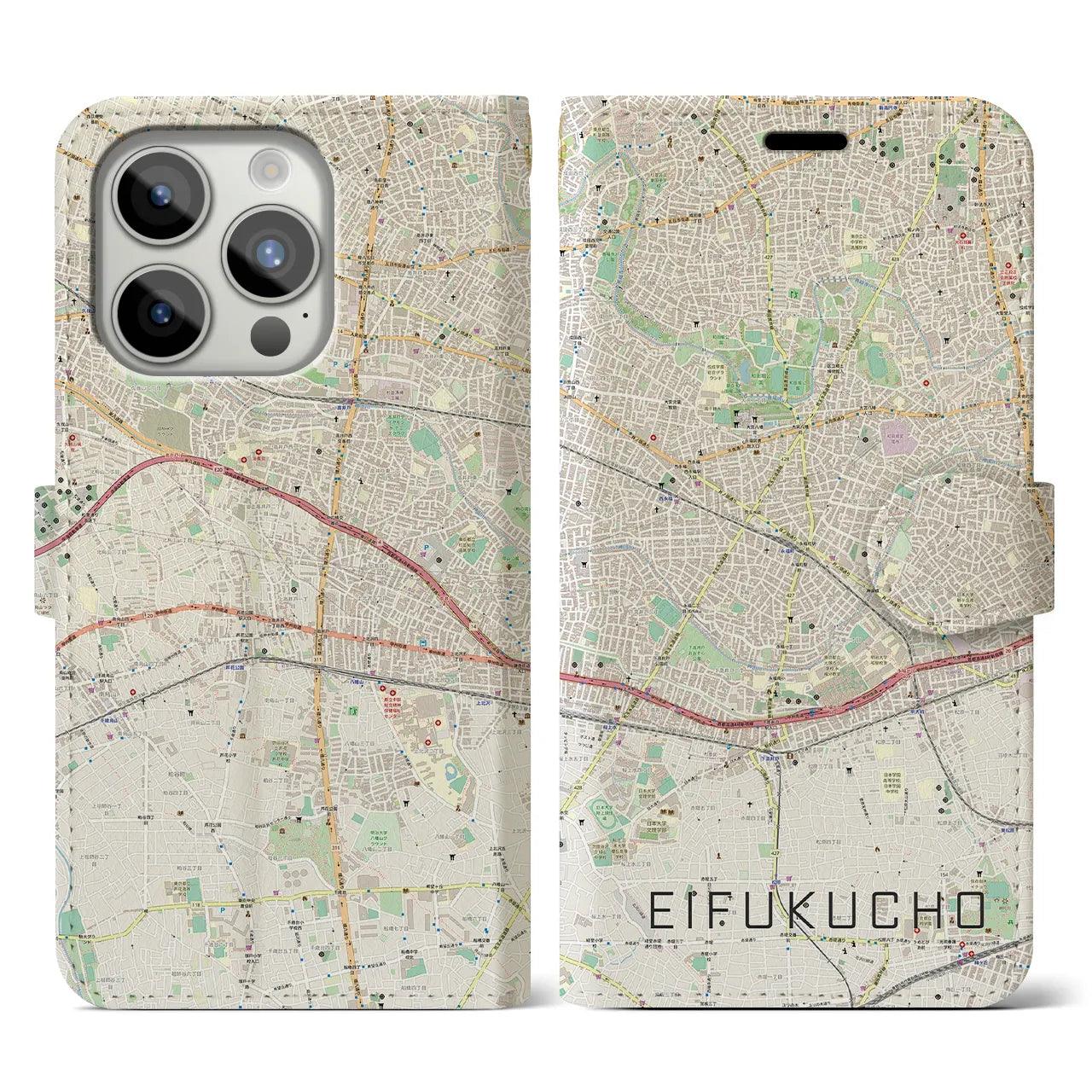 【永福町】地図柄iPhoneケース（手帳両面タイプ・ナチュラル）iPhone 15 Pro 用