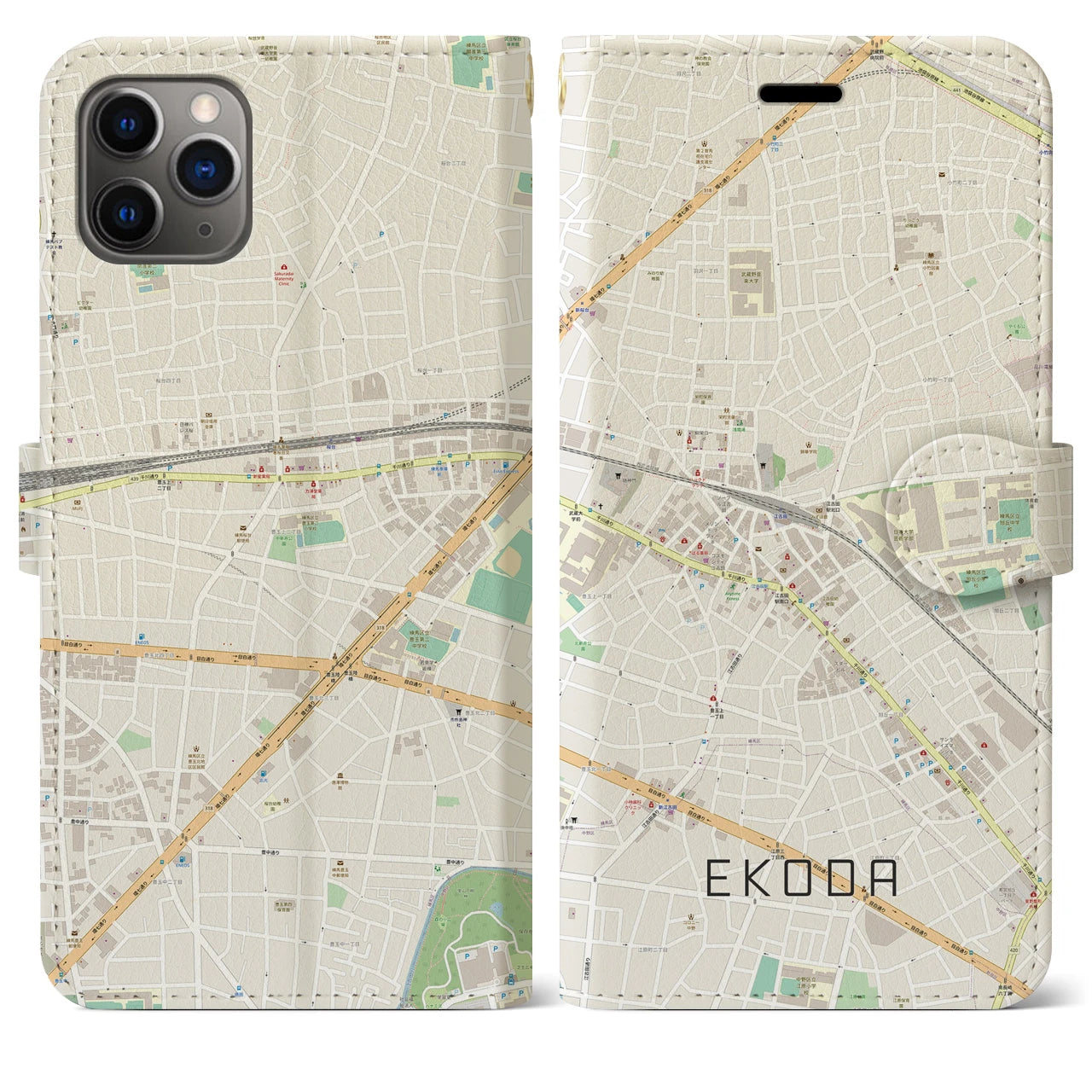 【江古田】地図柄iPhoneケース（手帳両面タイプ・ナチュラル）iPhone 11 Pro Max 用