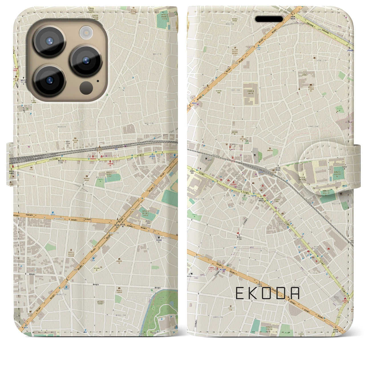 【江古田】地図柄iPhoneケース（手帳両面タイプ・ナチュラル）iPhone 14 Pro Max 用