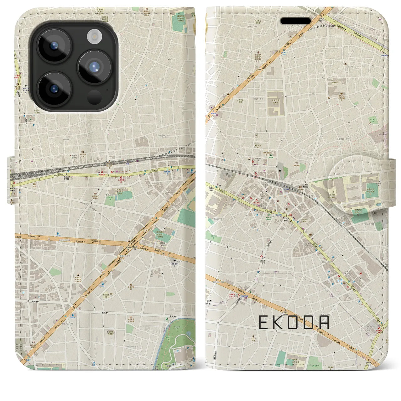 【江古田】地図柄iPhoneケース（手帳両面タイプ・ナチュラル）iPhone 15 Pro Max 用