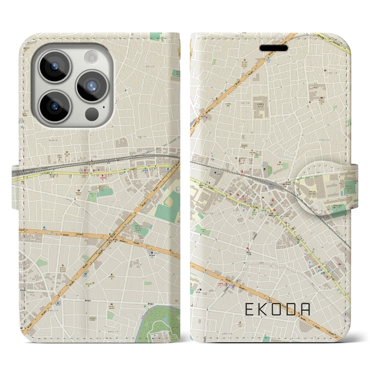 【江古田】地図柄iPhoneケース（手帳両面タイプ・ナチュラル）iPhone 15 Pro 用