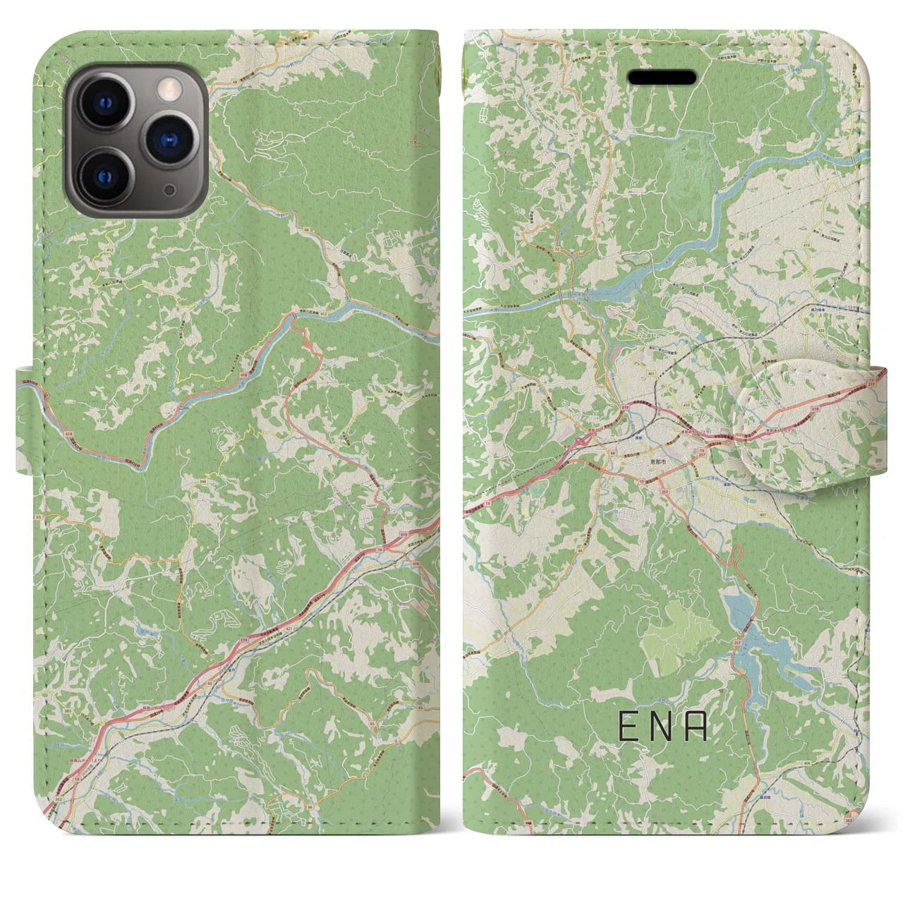 【恵那】地図柄iPhoneケース（手帳両面タイプ・ナチュラル）iPhone 11 Pro Max 用