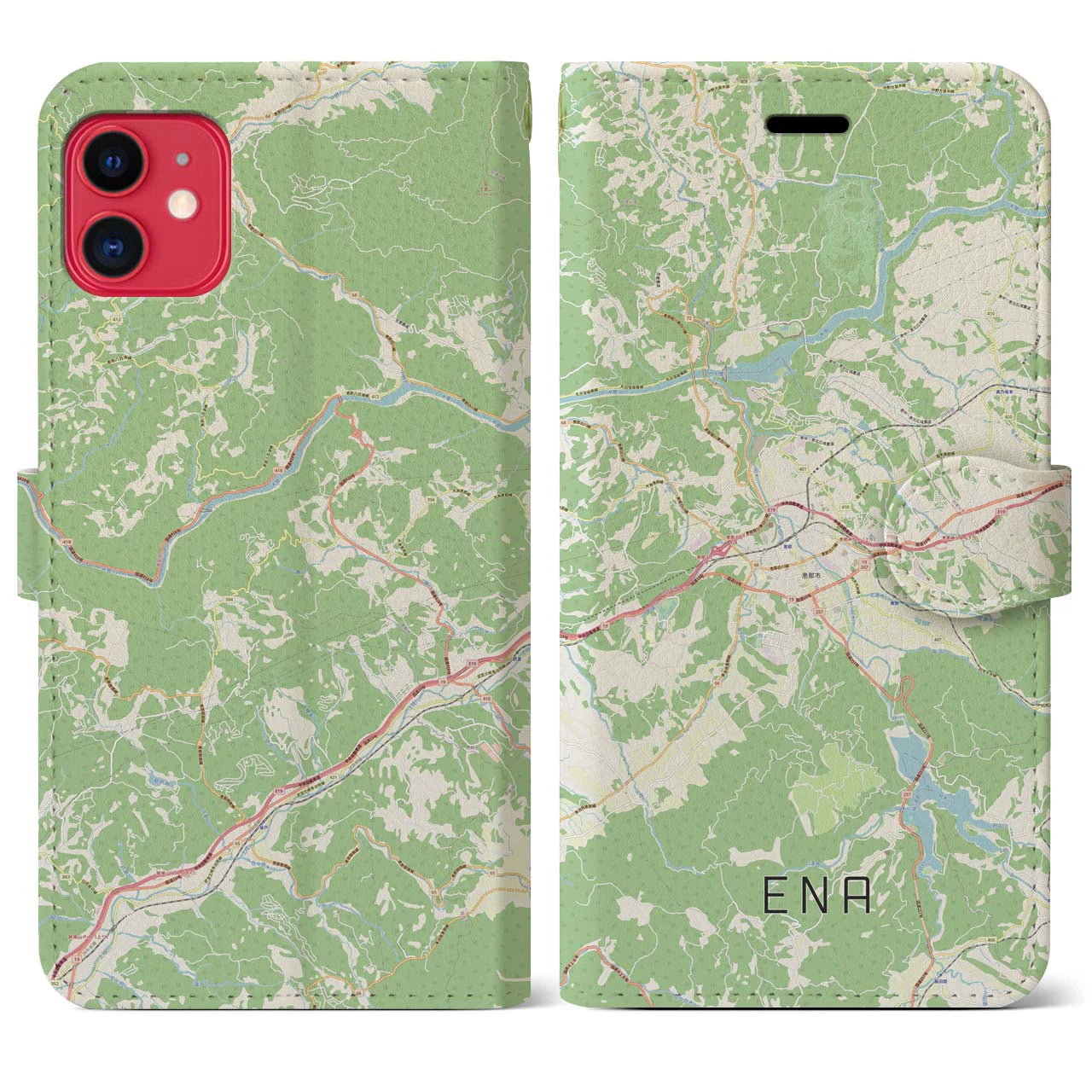 【恵那】地図柄iPhoneケース（手帳両面タイプ・ナチュラル）iPhone 11 用