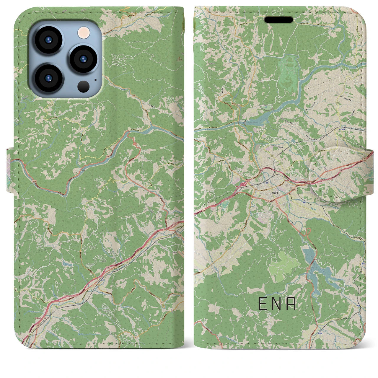 【恵那】地図柄iPhoneケース（手帳両面タイプ・ナチュラル）iPhone 13 Pro Max 用
