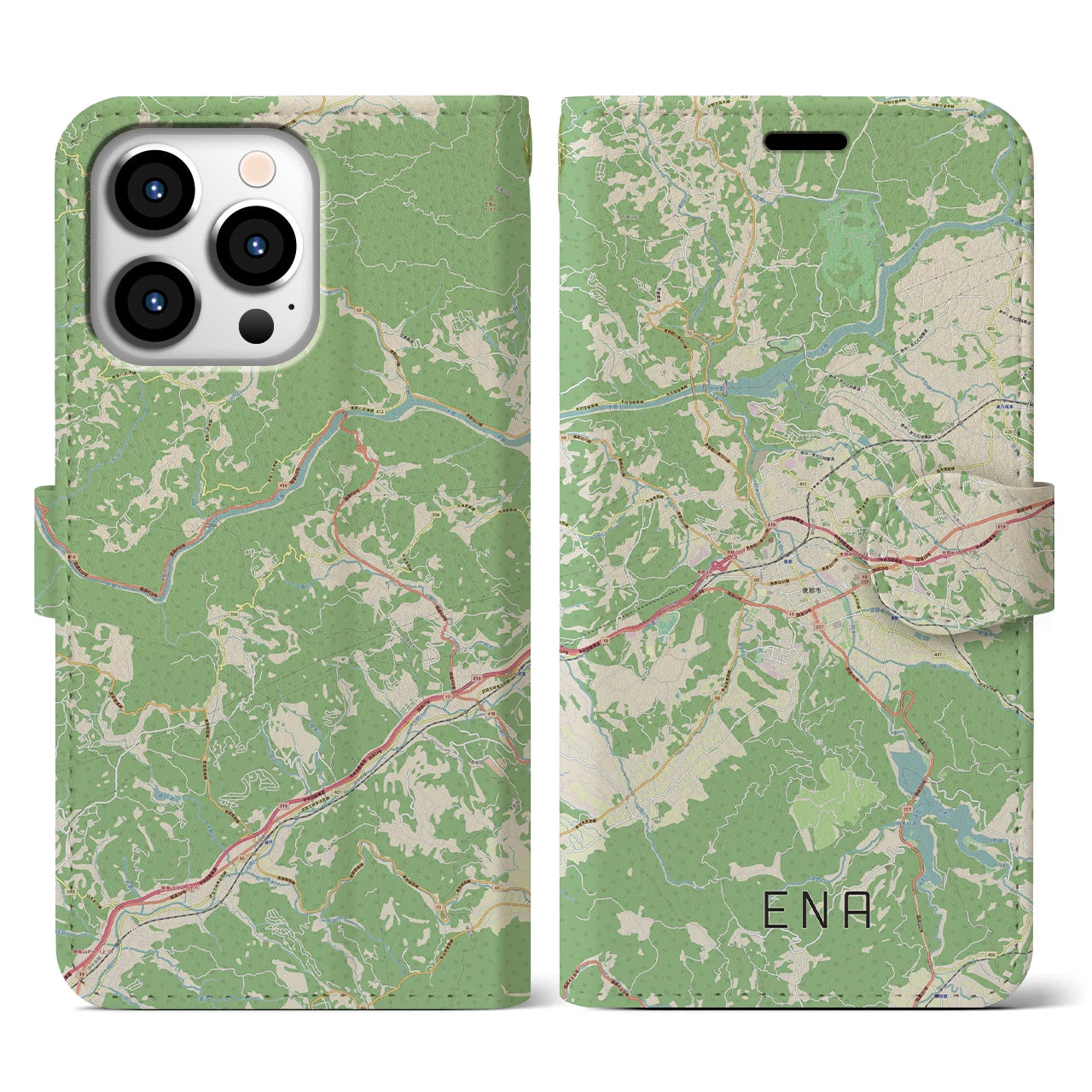 【恵那】地図柄iPhoneケース（手帳両面タイプ・ナチュラル）iPhone 13 Pro 用