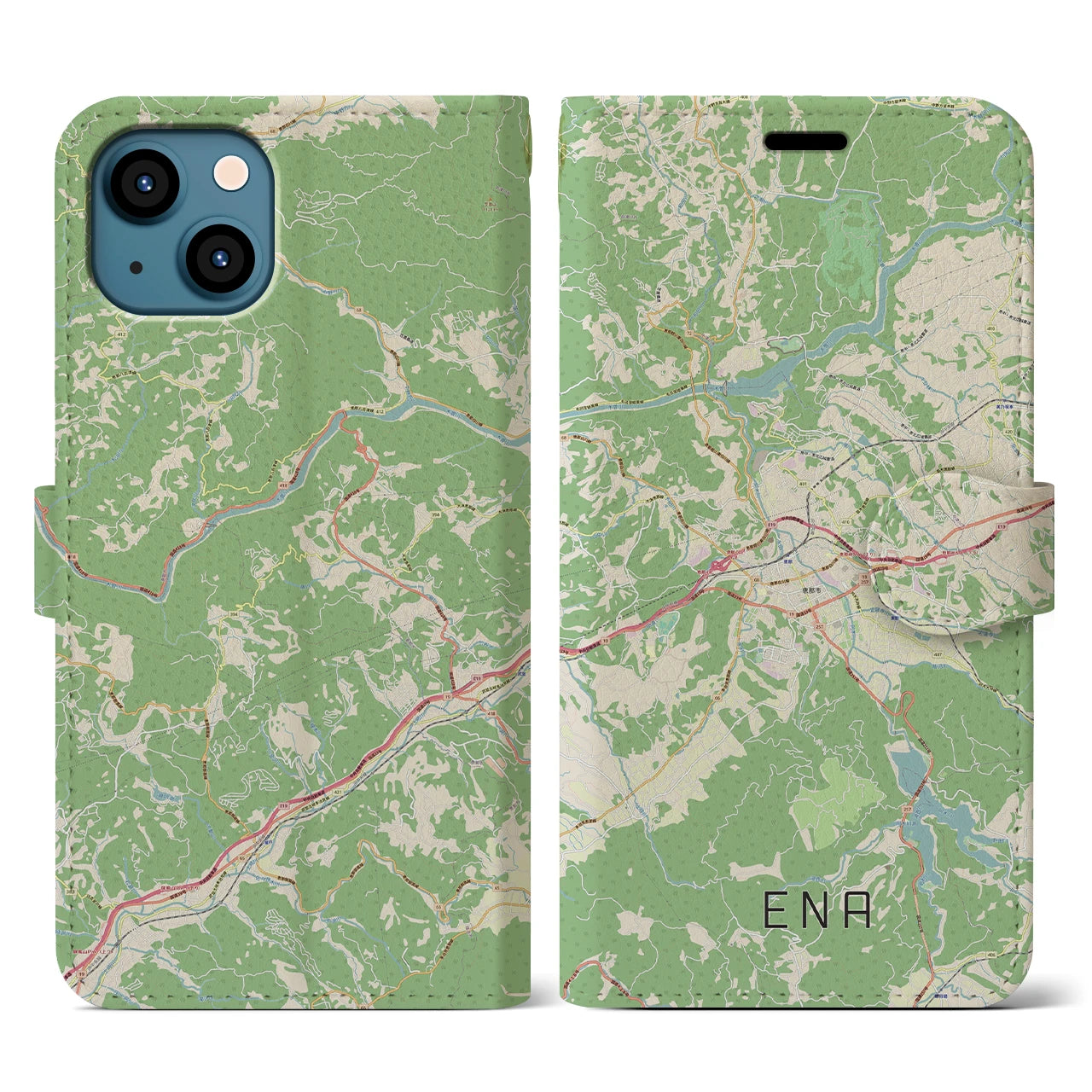 【恵那】地図柄iPhoneケース（手帳両面タイプ・ナチュラル）iPhone 13 用