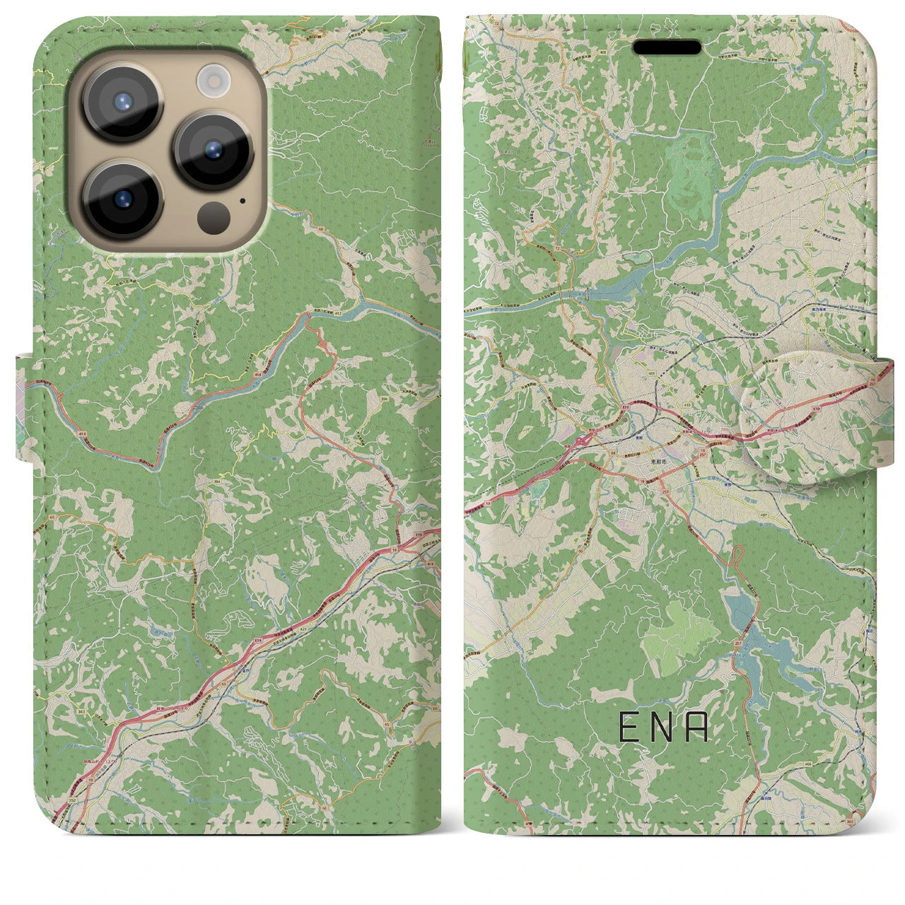 【恵那】地図柄iPhoneケース（手帳両面タイプ・ナチュラル）iPhone 14 Pro Max 用