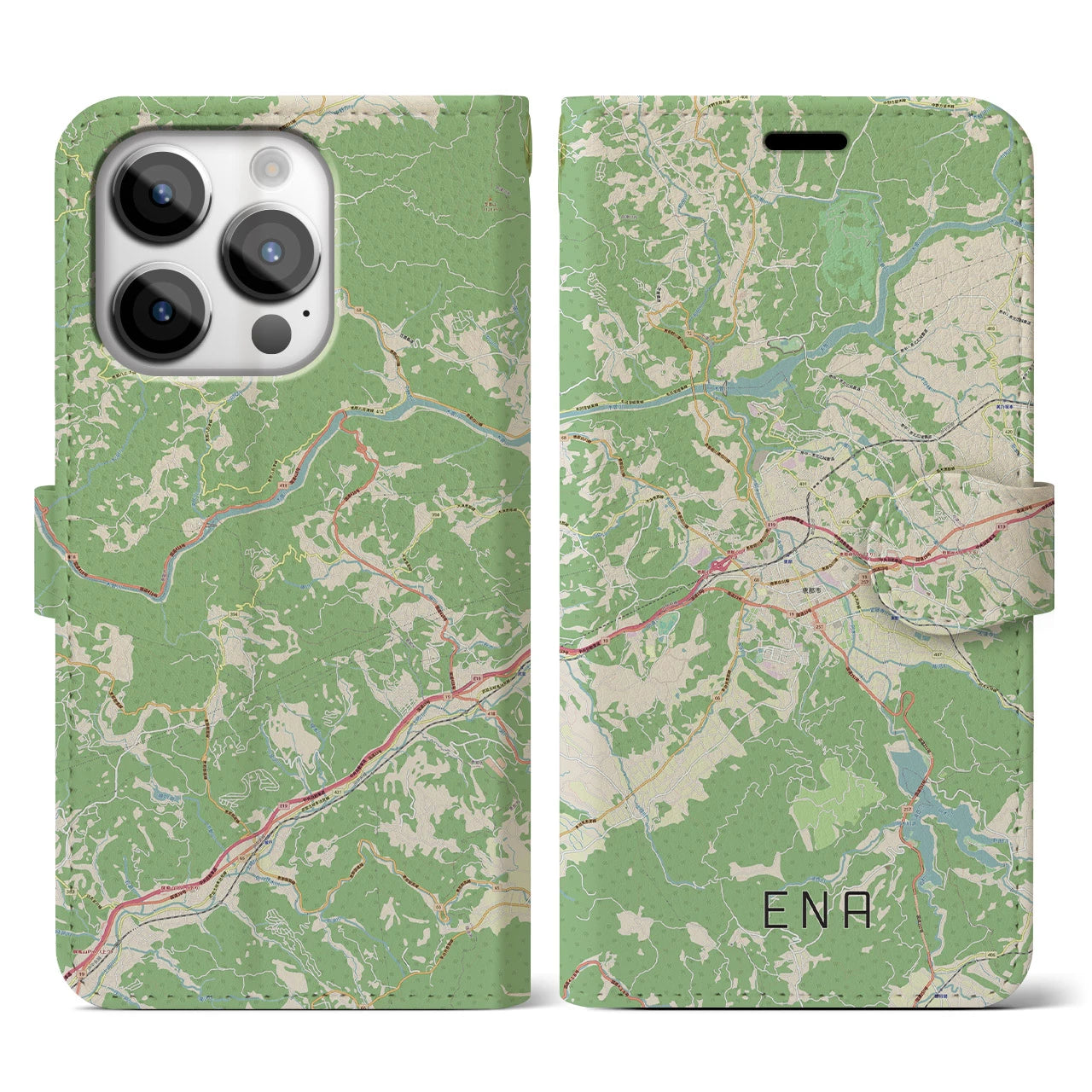 【恵那】地図柄iPhoneケース（手帳両面タイプ・ナチュラル）iPhone 14 Pro 用