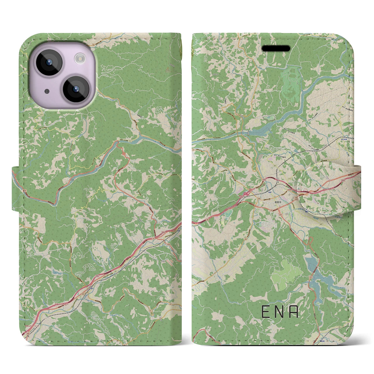 【恵那】地図柄iPhoneケース（手帳両面タイプ・ナチュラル）iPhone 14 用