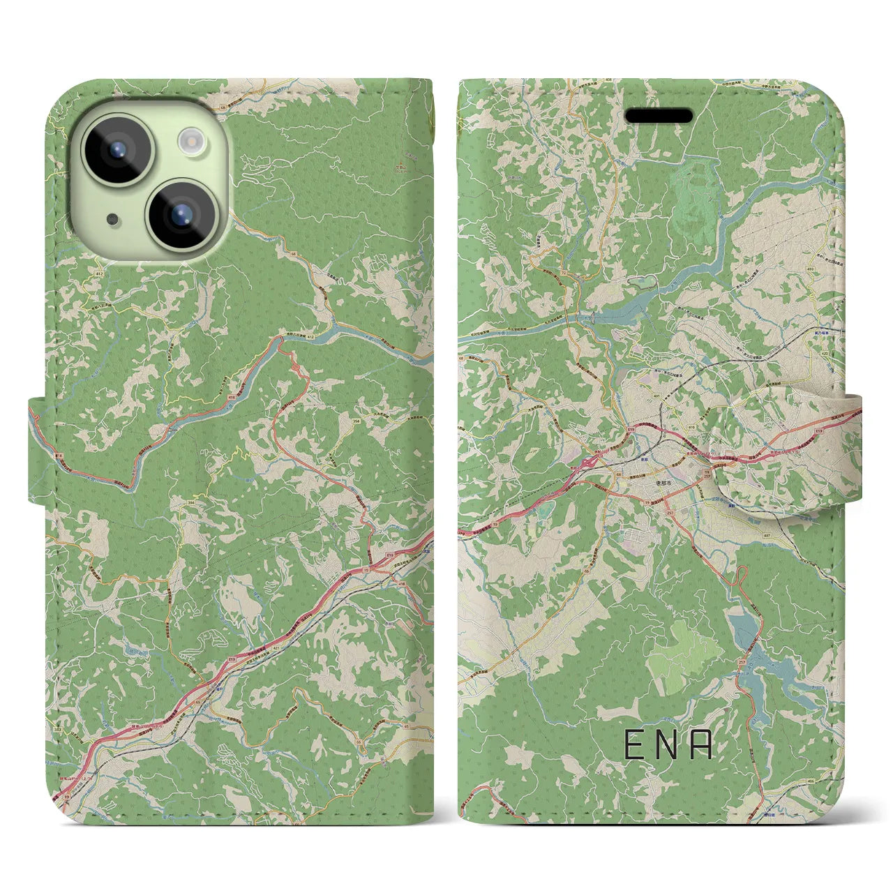 【恵那】地図柄iPhoneケース（手帳両面タイプ・ナチュラル）iPhone 15 用