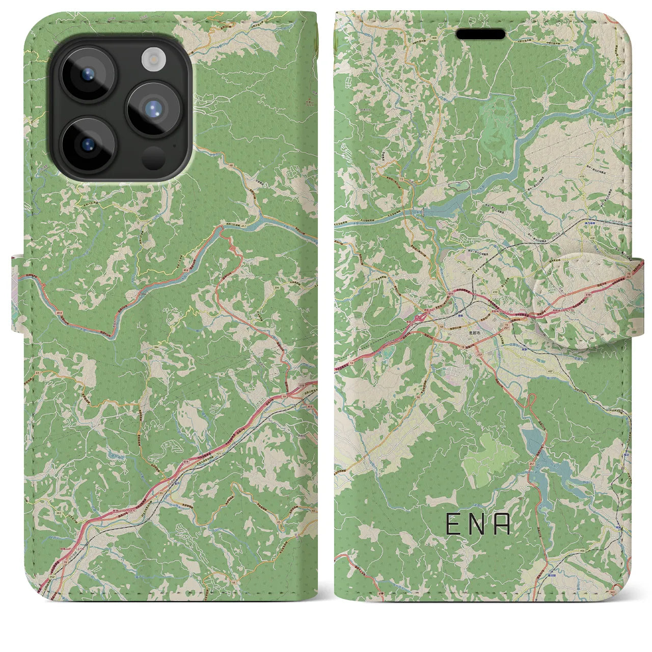 【恵那】地図柄iPhoneケース（手帳両面タイプ・ナチュラル）iPhone 15 Pro Max 用