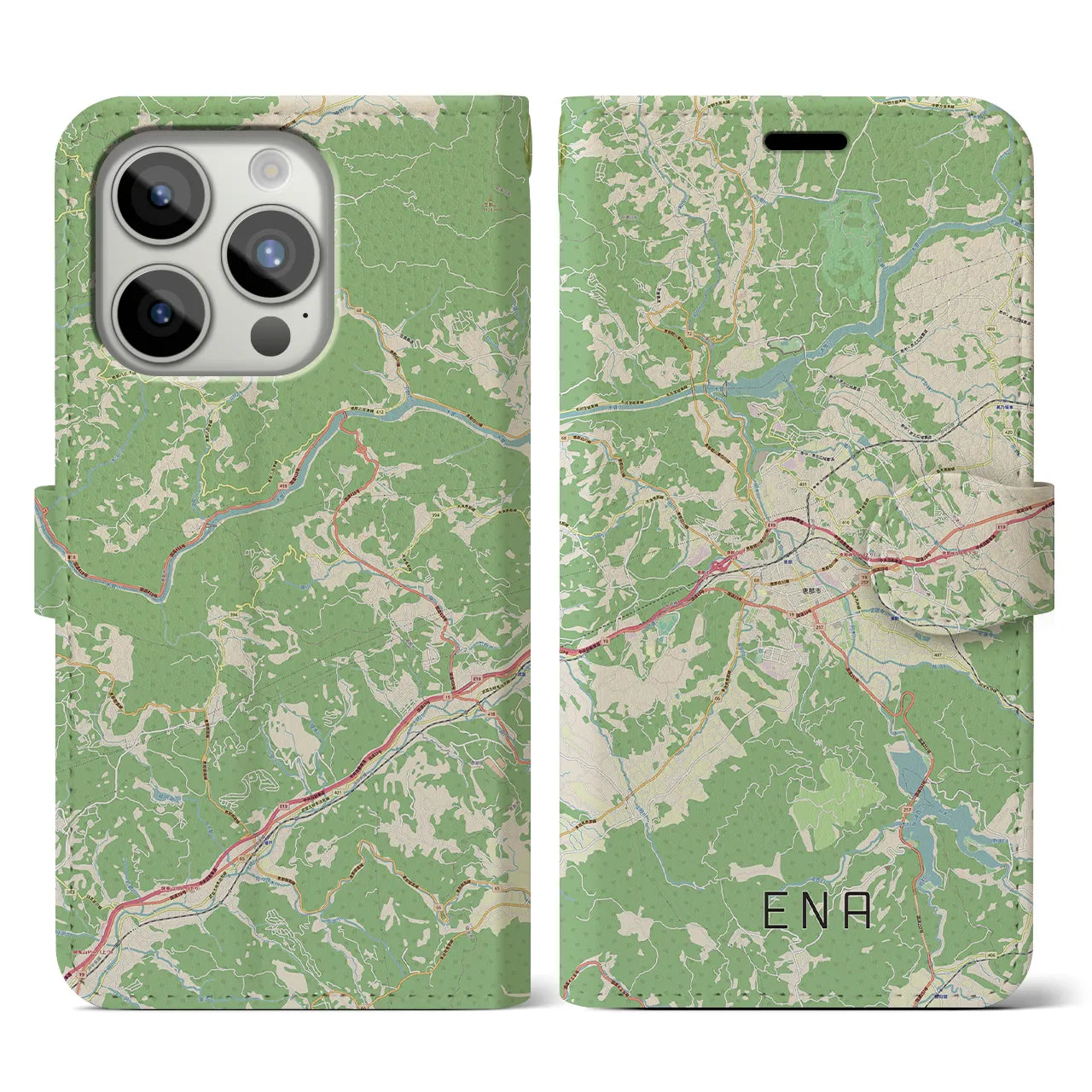 【恵那】地図柄iPhoneケース（手帳両面タイプ・ナチュラル）iPhone 15 Pro 用