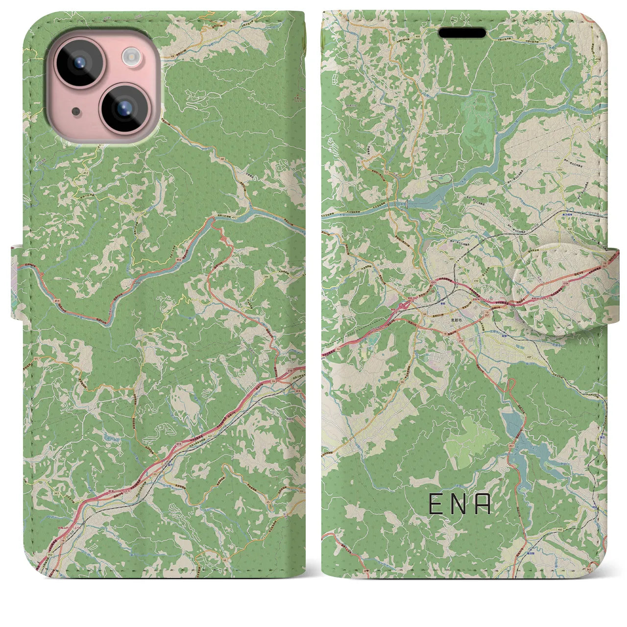 【恵那】地図柄iPhoneケース（手帳両面タイプ・ナチュラル）iPhone 15 Plus 用