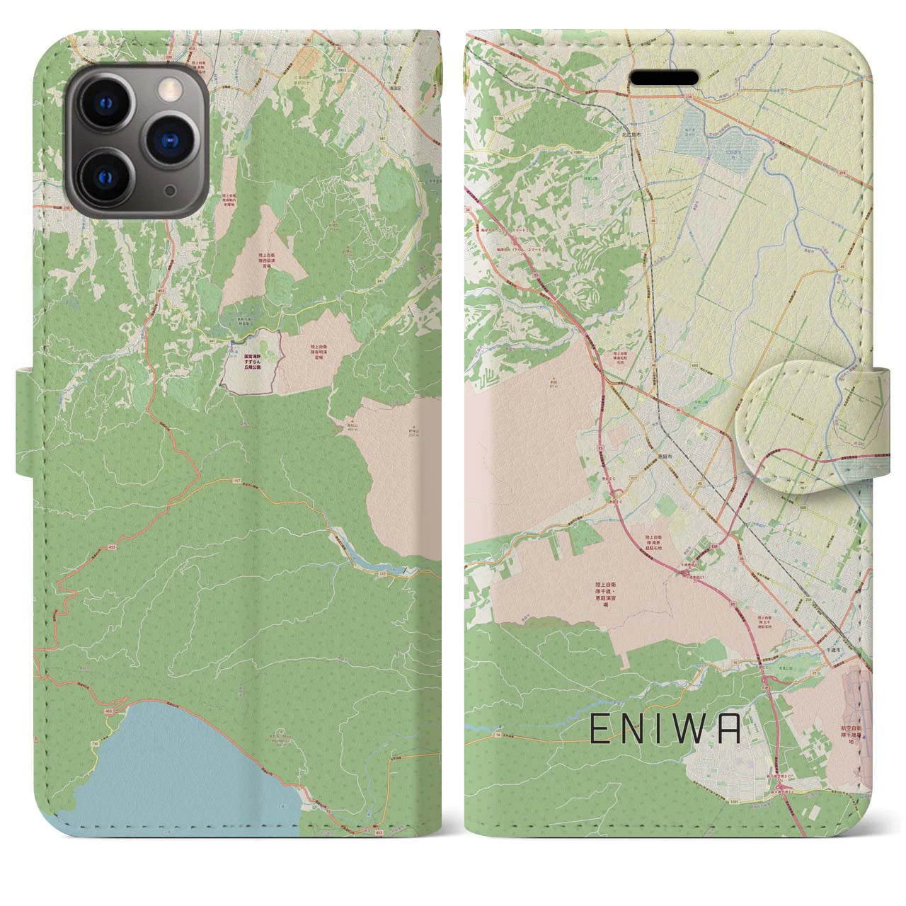 【恵庭】地図柄iPhoneケース（手帳両面タイプ・ナチュラル）iPhone 11 Pro Max 用