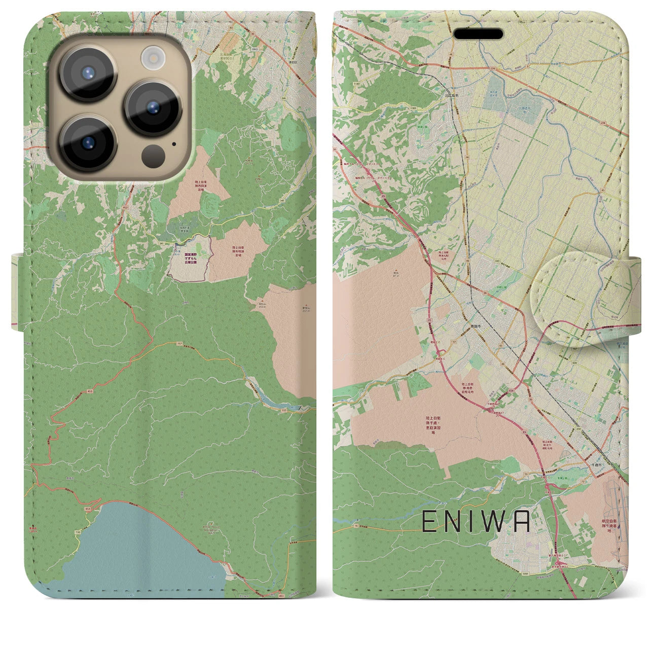 【恵庭】地図柄iPhoneケース（手帳両面タイプ・ナチュラル）iPhone 14 Pro Max 用