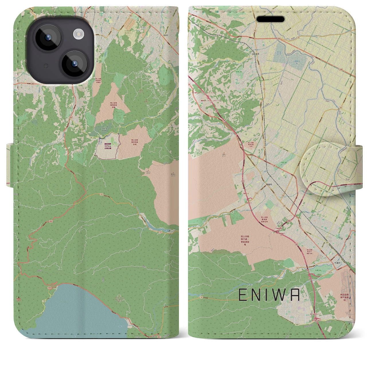 【恵庭】地図柄iPhoneケース（手帳両面タイプ・ナチュラル）iPhone 14 Plus 用