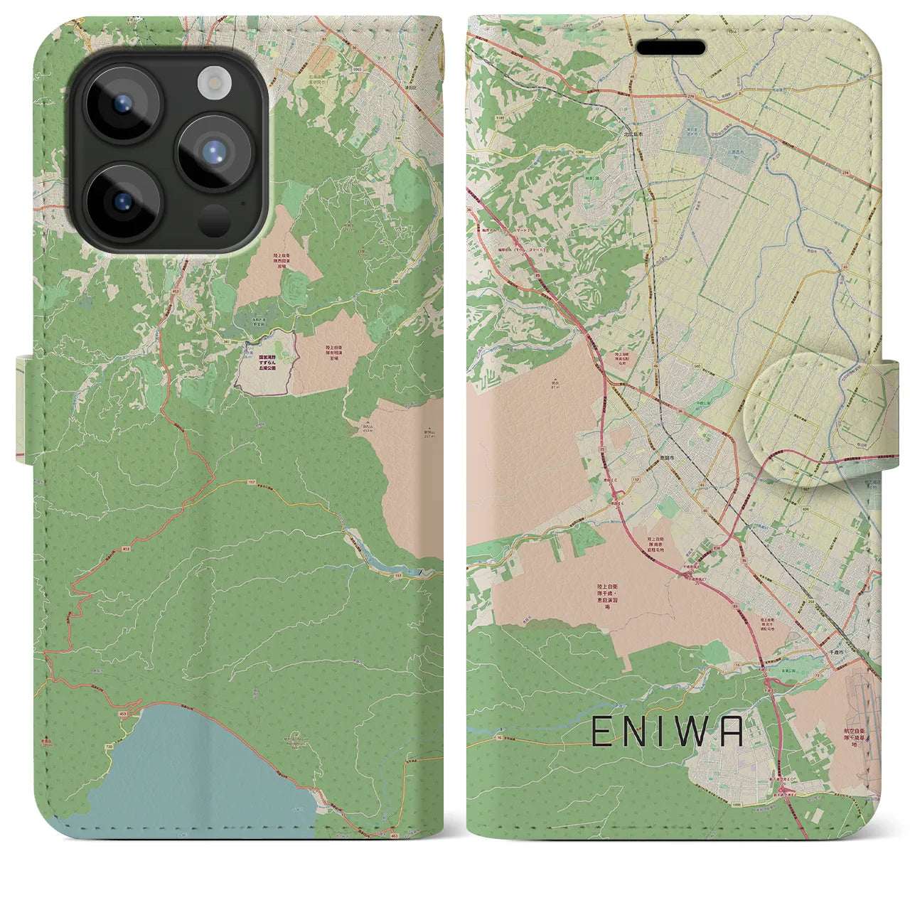 【恵庭】地図柄iPhoneケース（手帳両面タイプ・ナチュラル）iPhone 15 Pro Max 用