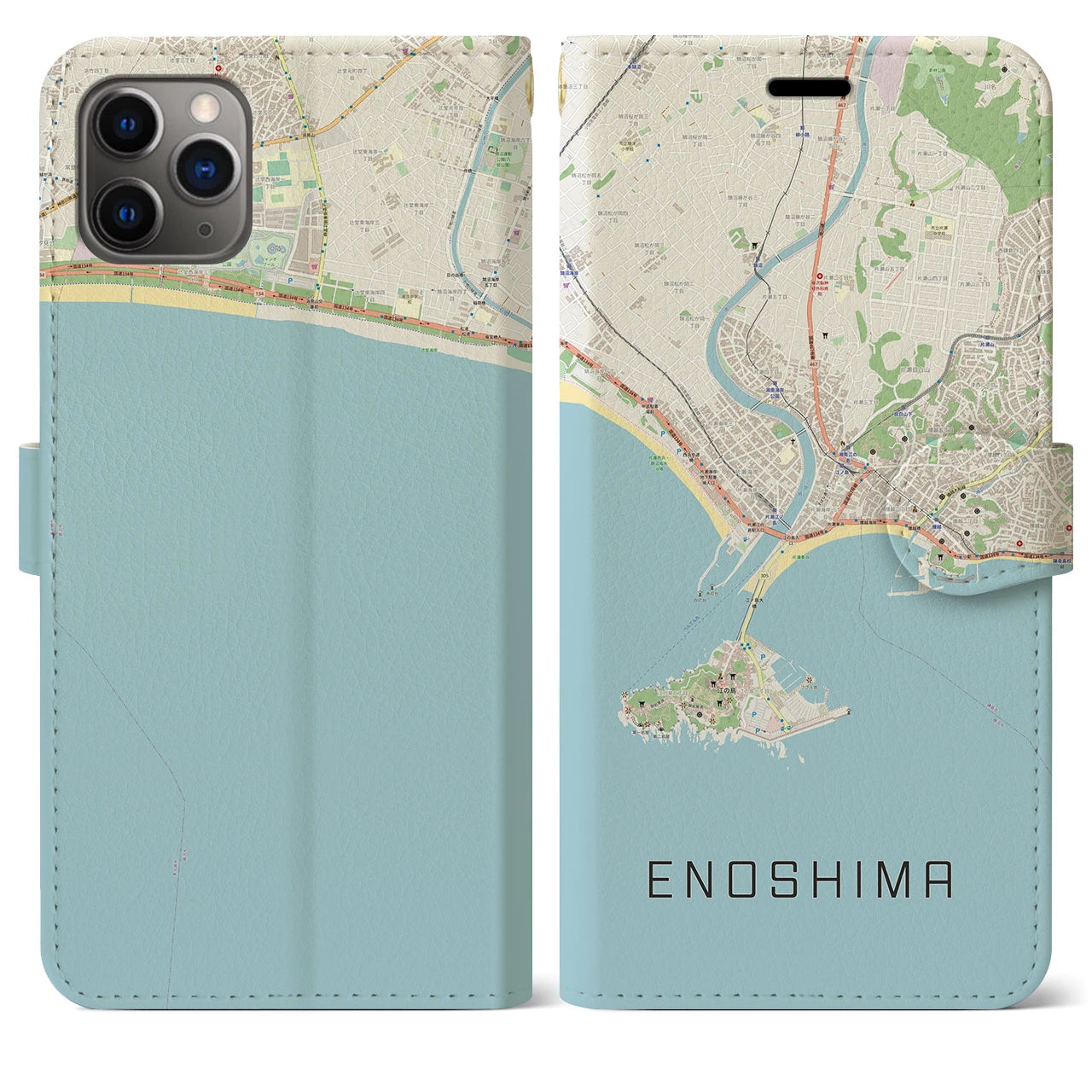 【江ノ島】地図柄iPhoneケース（手帳両面タイプ・ナチュラル）iPhone 11 Pro Max 用