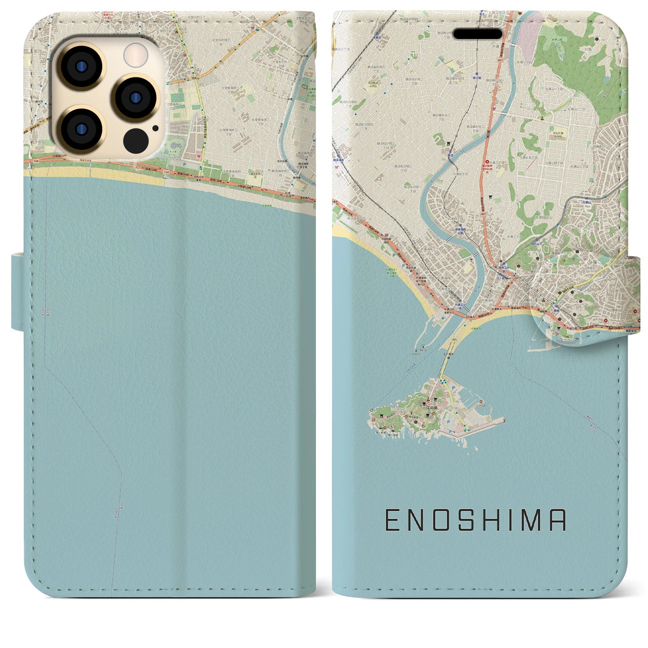 【江ノ島】地図柄iPhoneケース（手帳両面タイプ・ナチュラル）iPhone 12 Pro Max 用