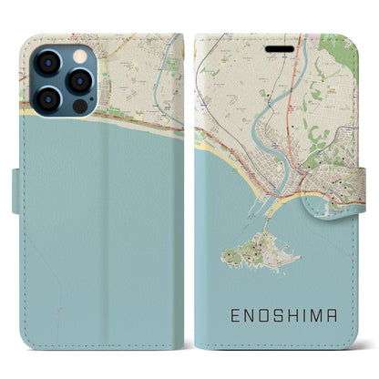 【江ノ島（神奈川県）】地図柄iPhoneケース（手帳タイプ）ナチュラル・iPhone 12 / 12 Pro 用