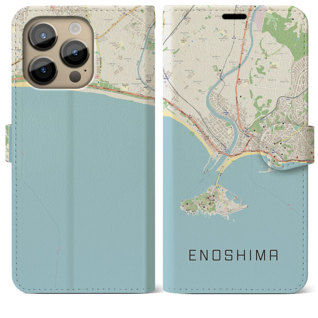 【江ノ島】地図柄iPhoneケース（手帳両面タイプ・ナチュラル）iPhone 14 Pro Max 用