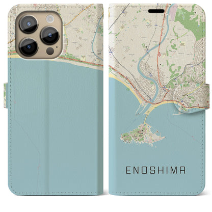 【江ノ島（神奈川県）】地図柄iPhoneケース（手帳タイプ）ナチュラル・iPhone 14 Pro Max 用