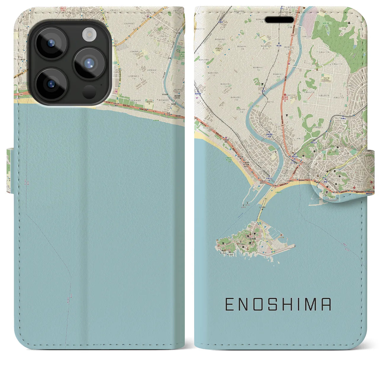 【江ノ島】地図柄iPhoneケース（手帳両面タイプ・ナチュラル）iPhone 15 Pro Max 用