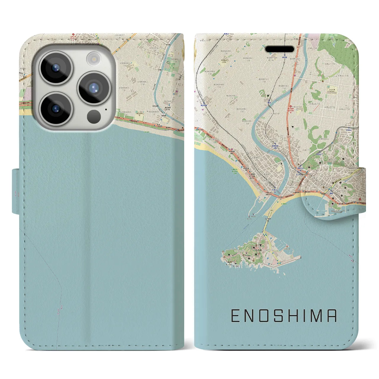 【江ノ島】地図柄iPhoneケース（手帳両面タイプ・ナチュラル）iPhone 15 Pro 用