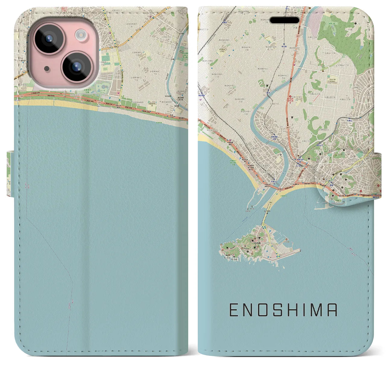 【江ノ島】地図柄iPhoneケース（手帳両面タイプ・ナチュラル）iPhone 15 Plus 用