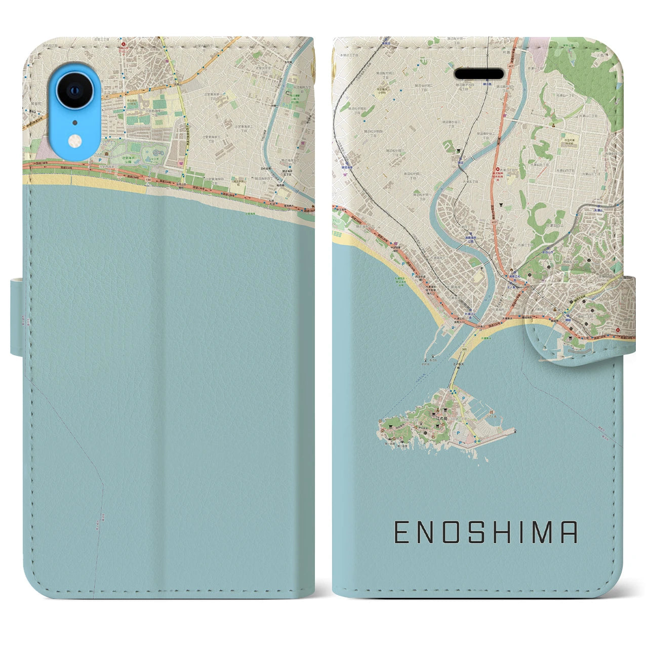【江ノ島】地図柄iPhoneケース（手帳両面タイプ・ナチュラル）iPhone XR 用