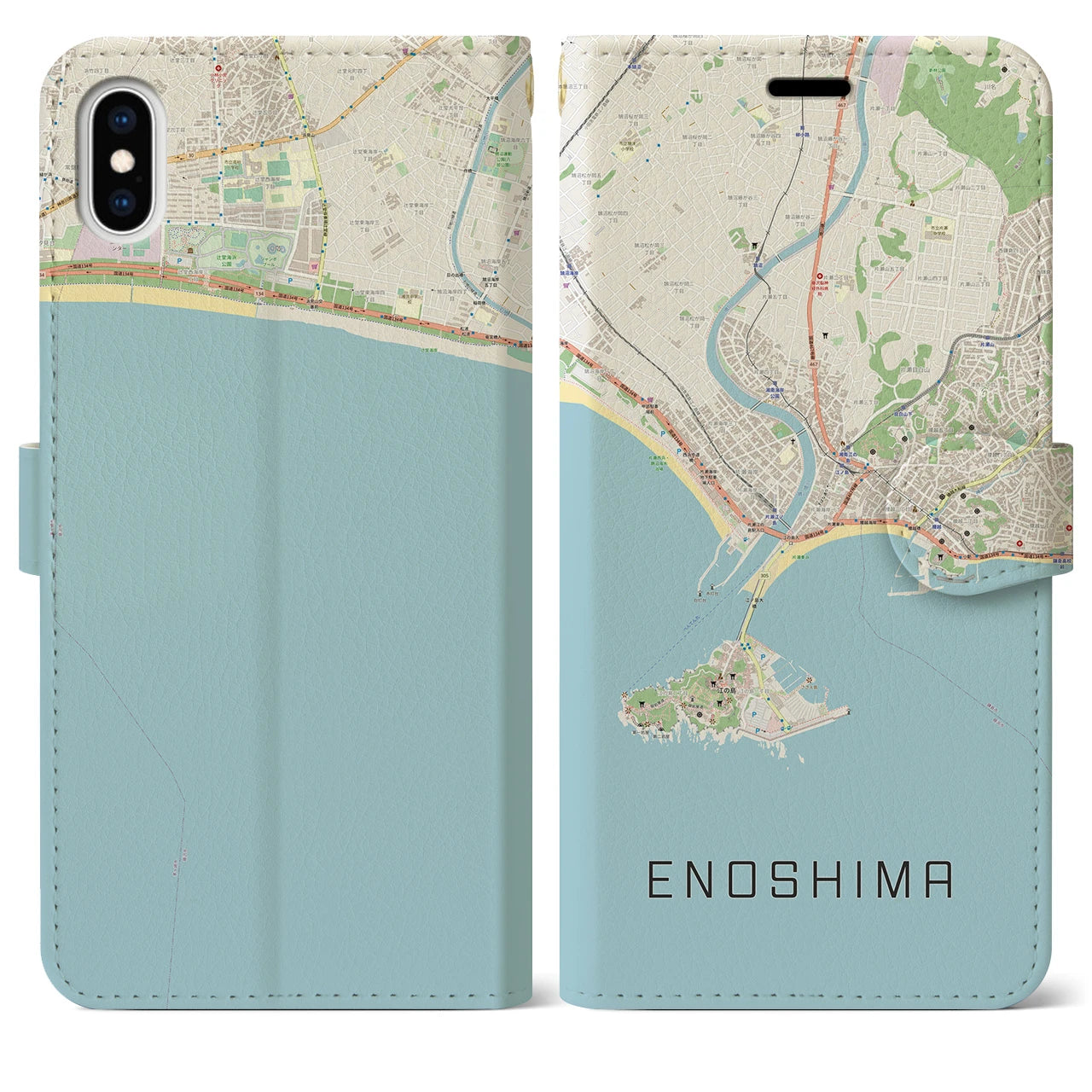 【江ノ島】地図柄iPhoneケース（手帳両面タイプ・ナチュラル）iPhone XS Max 用