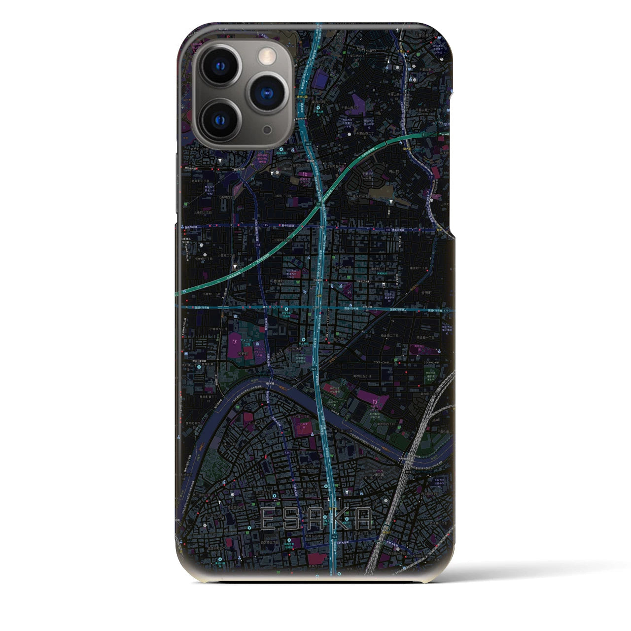 【江坂】地図柄iPhoneケース（バックカバータイプ・ブラック）iPhone 11 Pro Max 用