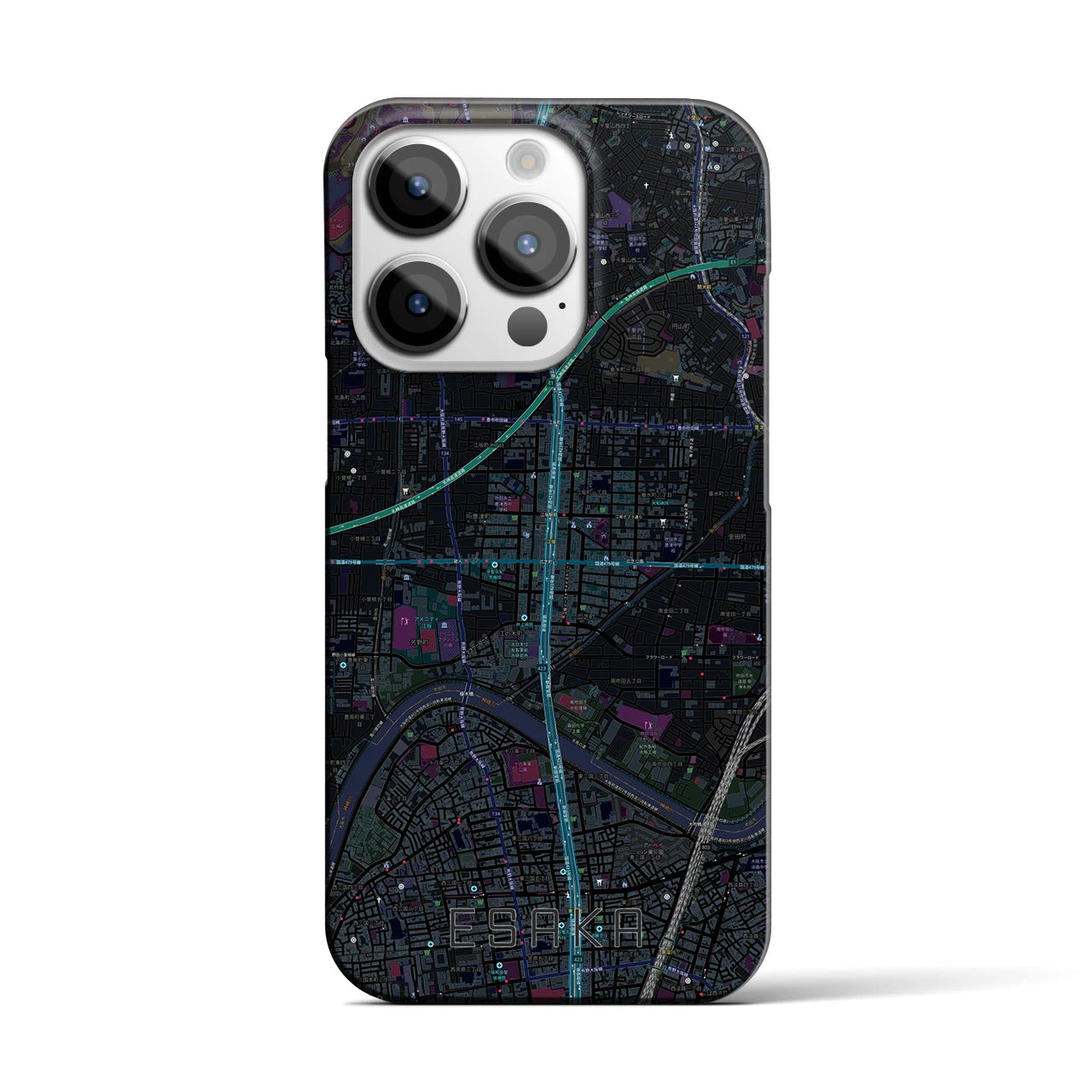 【江坂】地図柄iPhoneケース（バックカバータイプ・ブラック）iPhone 14 Pro 用