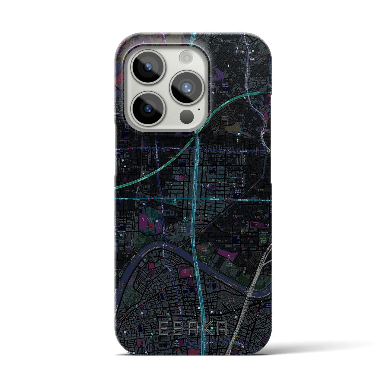 【江坂】地図柄iPhoneケース（バックカバータイプ・ブラック）iPhone 15 Pro 用