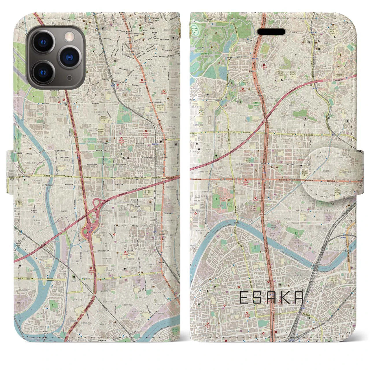 【江坂】地図柄iPhoneケース（手帳両面タイプ・ナチュラル）iPhone 11 Pro Max 用