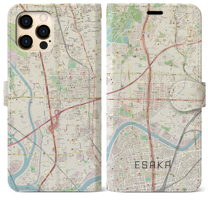 【江坂（大阪府）】地図柄iPhoneケース（手帳タイプ）ナチュラル・iPhone 12 Pro Max 用