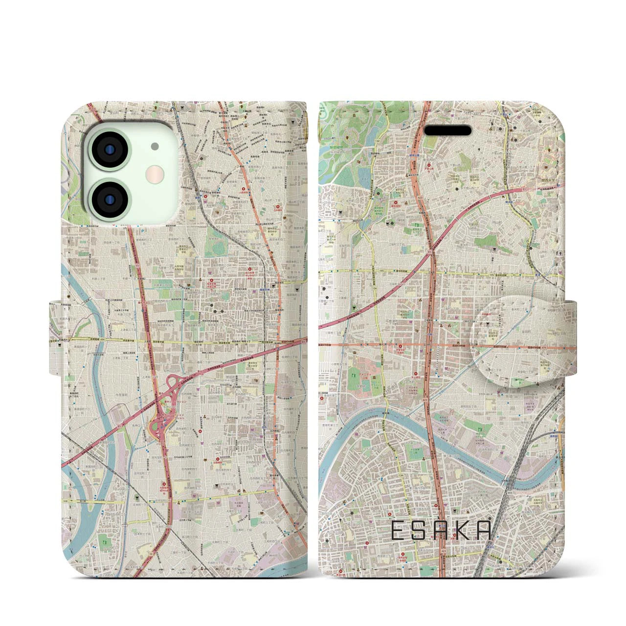 【江坂】地図柄iPhoneケース（手帳両面タイプ・ナチュラル）iPhone 12 mini 用