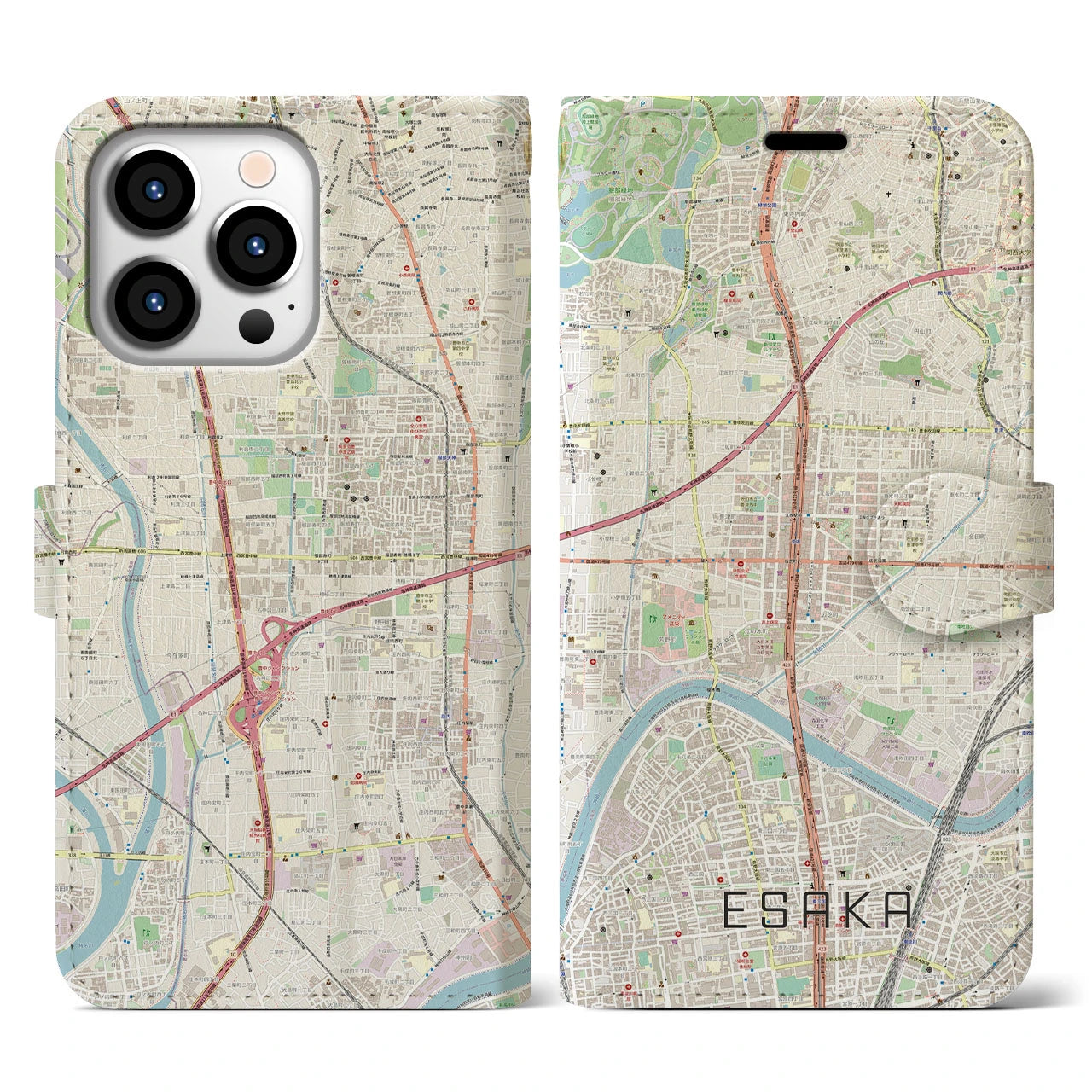 【江坂】地図柄iPhoneケース（手帳両面タイプ・ナチュラル）iPhone 13 Pro 用