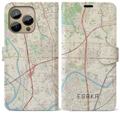 【江坂（大阪府）】地図柄iPhoneケース（手帳タイプ）ナチュラル・iPhone 14 Pro Max 用
