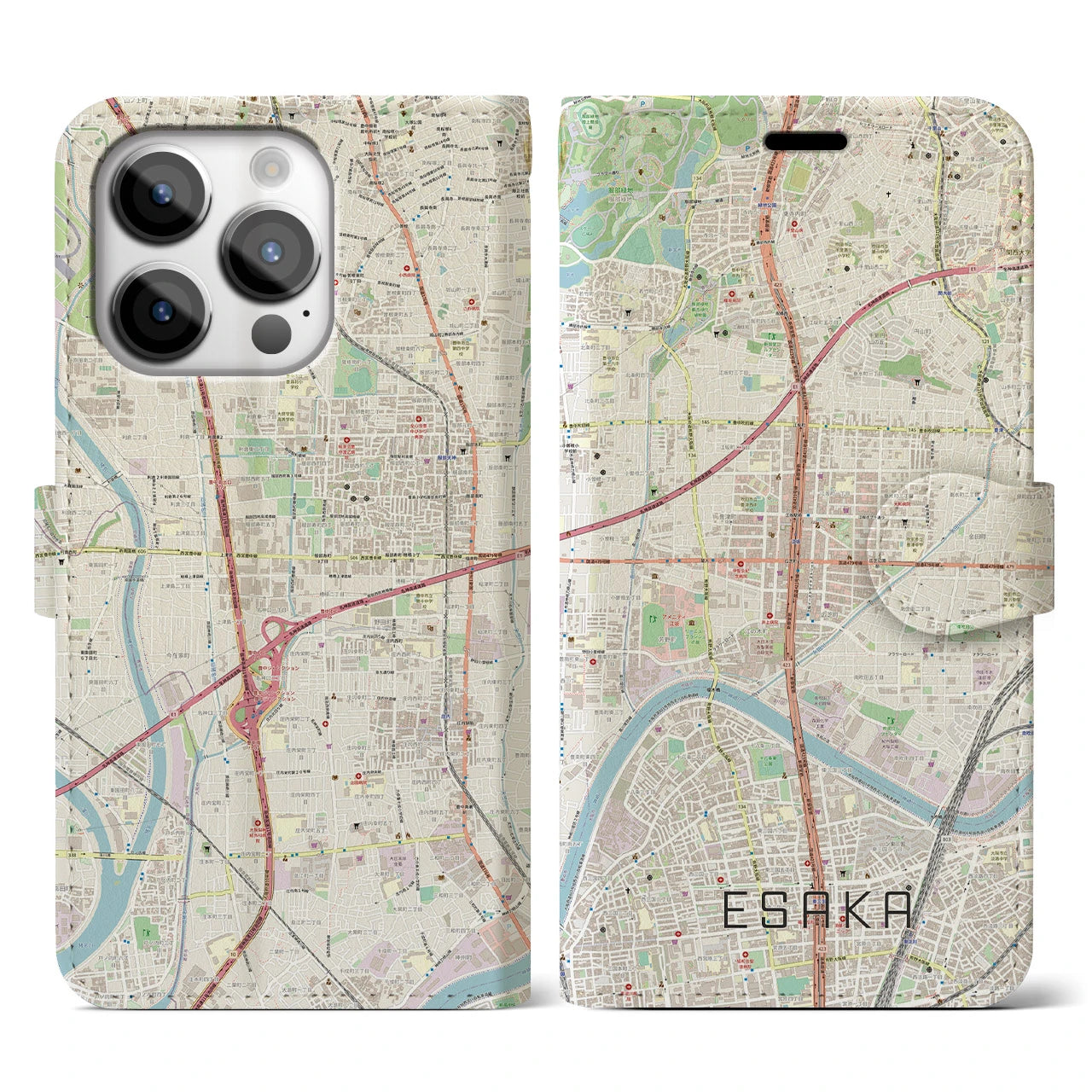 【江坂】地図柄iPhoneケース（手帳両面タイプ・ナチュラル）iPhone 14 Pro 用